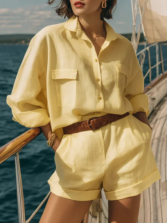 Damen Unifarben Nahtverarbeitung Zweiteiliges Set Täglich Halbarm Lässig Sommer Bluse mit Hose Matching Set