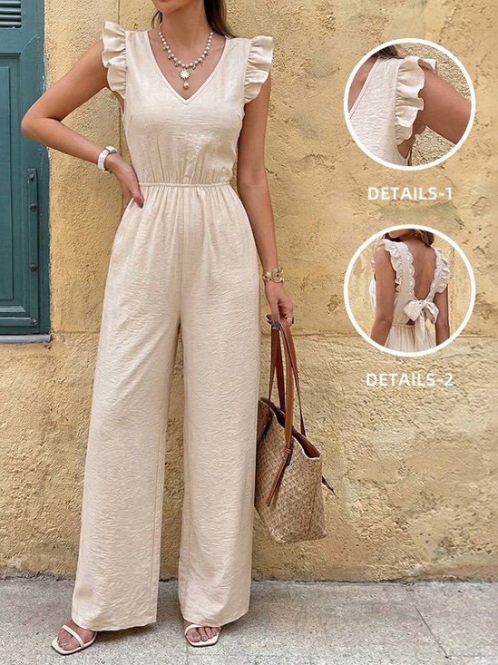 Damen Unifarben V-Ausschnitt Ärmellos Lässig Rüschenärmel Sommer Baumwollmischung Jumpsuit