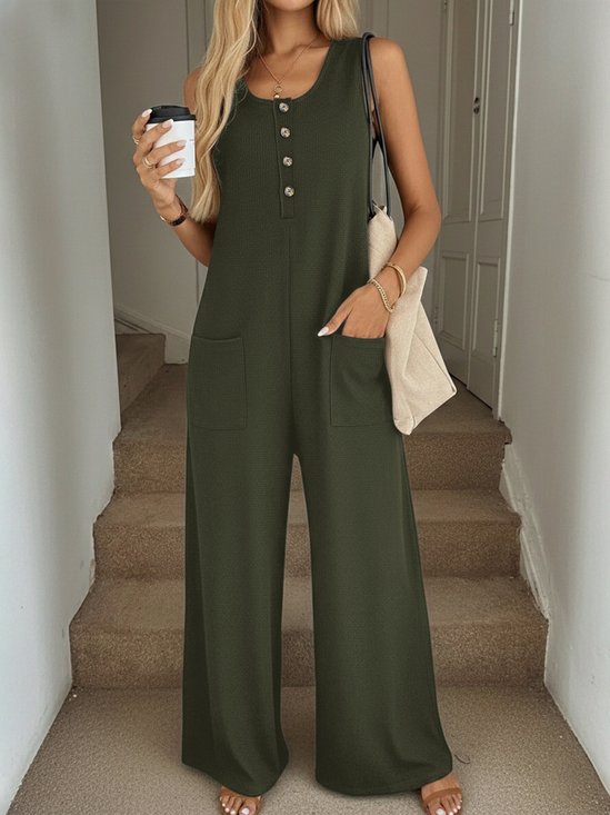 Damen Unifarben U-Ausschnitt Ärmellos Lässig Sommer Jumpsuit
