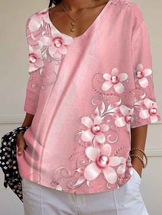 Damen Geblümt Dreiviertelärmel T-Shirts T-Shirt V-Ausschnitt Print Lässig T-Shirt mit Grafik Frühling/Herbst Oberteile
