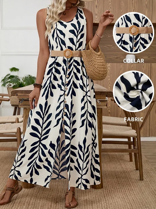 Damen Blätter Ärmellos Rundhals Print Kleid Täglich Lässig Maxikleid Tanktop A-Linien Sommer Kleid