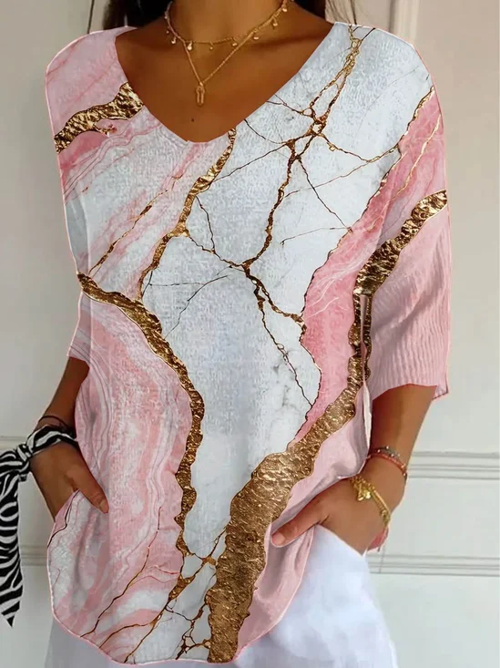 Damen Abstrakt Dreiviertelärmel T-Shirts T-Shirt V-Ausschnitt Print Lässig T-Shirt mit Grafik Frühling/Herbst Oberteile