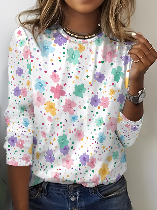 Damen Geblümt Langarm T-Shirts T-Shirt Rundhals Print Lässig T-Shirt mit Grafik Frühling/Herbst Oberteile
