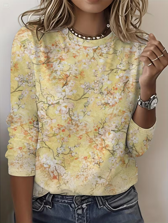 Damen Geblümt Langarm T-Shirts T-Shirt Rundhals Print Lässig T-Shirt mit Grafik Frühling/Herbst Oberteile