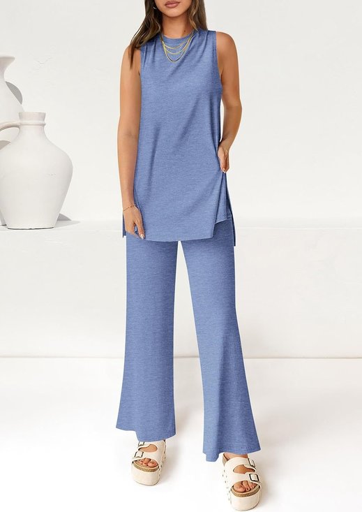 Damen Unifarben Nahtverarbeitung Zweiteiliges Set Täglich Halbarm Lässig Sommer Bluse mit Hose Matching Set