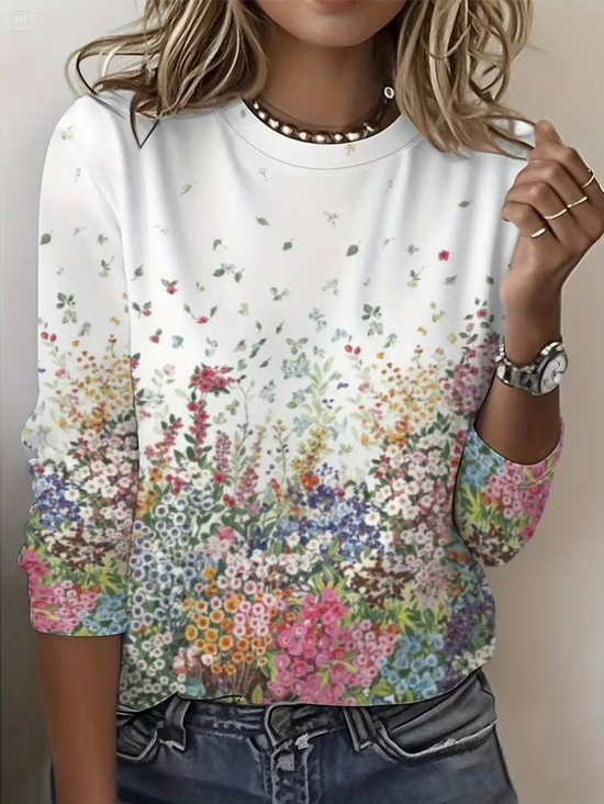 Damen Geblümt Langarm T-Shirts T-Shirt Rundhals Print Lässig T-Shirt mit Grafik Frühling/Herbst Oberteile