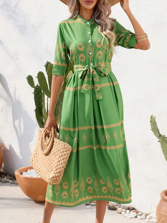 Damen Geometrisch Kurzarm Rundhals Print Kleid Täglich Retro Maxikleid Blusenkleid A-Linien Sommer Kleid