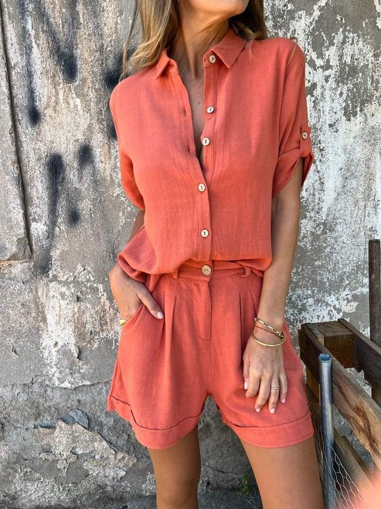 Damen Unifarben Nahtverarbeitung Zweiteiliges Set Täglich Halbarm Lässig Sommer Bluse mit Hose Matching Set