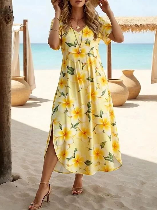 Damen Geblümt Kurzarm Rundhals Print Kleid Täglich Lässig Maxikleid T-Shirt-Kleid H-Linie Sommer Kleid