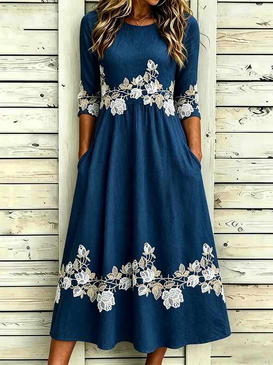 Damen Geblümt Halbarm Kleid Täglich Retro Maxikleid A-Linien Sommer Kleid