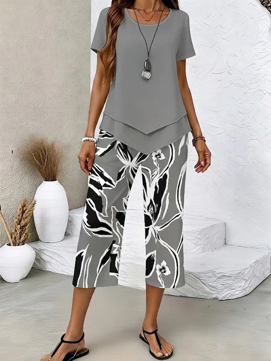 Damen Abstrakt Print Zweiteiliges Set Täglich Kurzarm Lässig Sommer Bluse mit Hose Matching Set