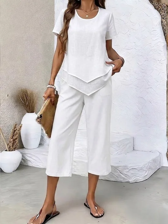 Damen Unifarben Print Zweiteiliges Set Täglich Kurzarm Lässig Sommer Bluse mit Hose Matching Set