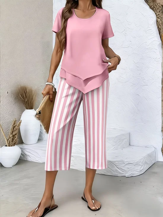 Damen Gestreift Print Zweiteiliges Set Täglich Kurzarm Lässig Sommer Bluse mit Hose Matching Set