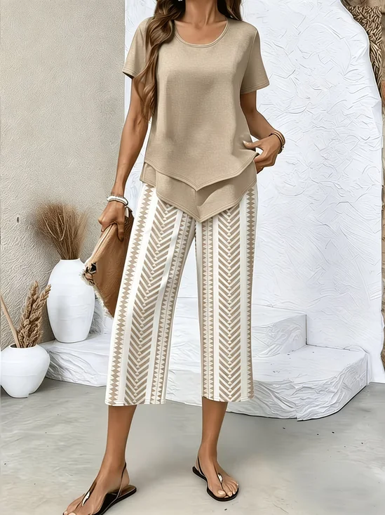 Damen Abstrakt Print Zweiteiliges Set Täglich Kurzarm Lässig Sommer Bluse mit Hose Matching Set
