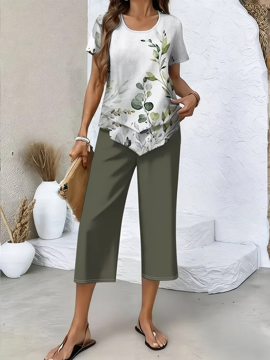 Damen Geblümt Print Zweiteiliges Set Täglich Kurzarm Lässig Sommer Bluse mit Hose Matching Set