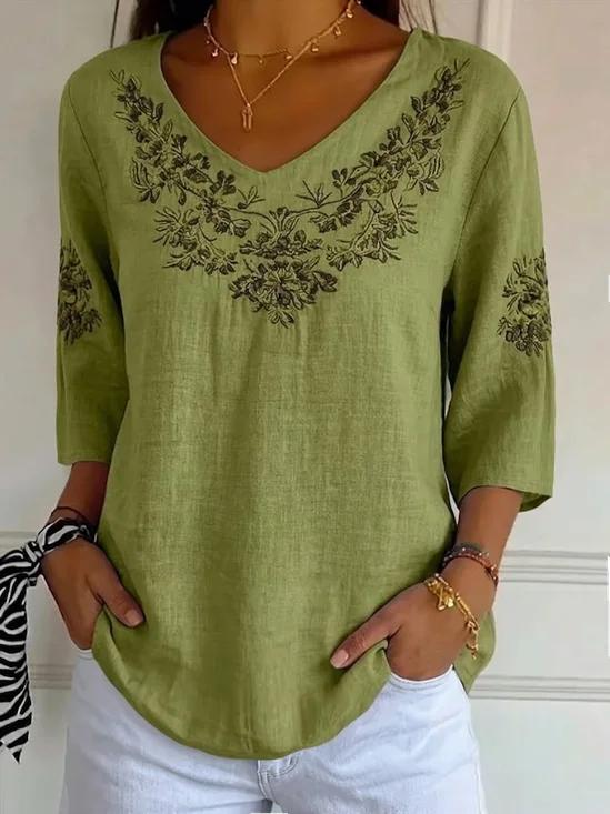 Damen Geblümt Dreiviertelärmel T-Shirts T-Shirt V-Ausschnitt Print Lässig T-Shirt mit Grafik Frühling/Herbst Oberteile