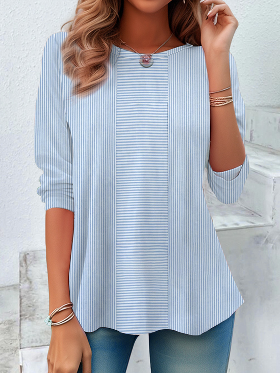Damen Gestreift Langarm T-Shirts T-Shirt Rundhals Lässig Tunika Frühling/Herbst Oberteile
