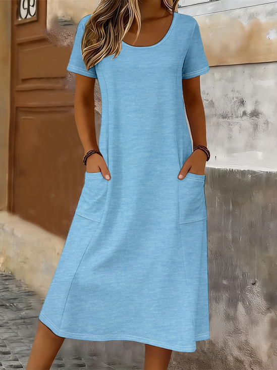 Damen Unifarben Kurzarm Rundhals Taschennähen Kleid Täglich Lässig Maxikleid T-Shirt-Kleid H-Linie Sommer Kleid