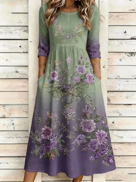Damen Geblümt Halbarm Rundhals Kleid Täglich Retro Maxikleid H-Linie Sommer Kleid