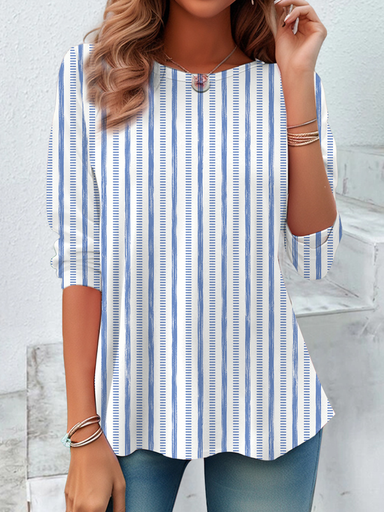 Damen Gestreift Langarm T-Shirts T-Shirt Rundhals Lässig Tunika Frühling/Herbst Oberteile