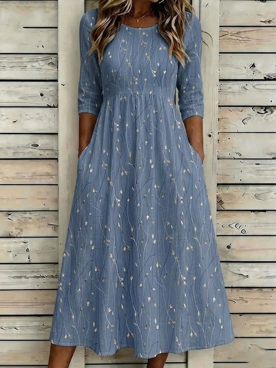 Damen Geblümt Halbarm Rundhals Print Kleid Täglich Lässig Maxikleid H-Linie Sommer Kleid