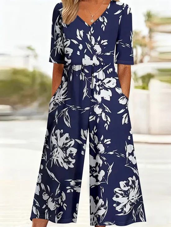 Damen Geblümt V-Ausschnitt Halbarm Lässig Sommer Jumpsuit