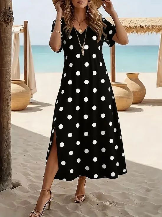 Damen Polka Dots Kurzarm Rundhals Print Kleid Täglich Lässig Maxikleid T-Shirt-Kleid H-Linie Sommer Kleid