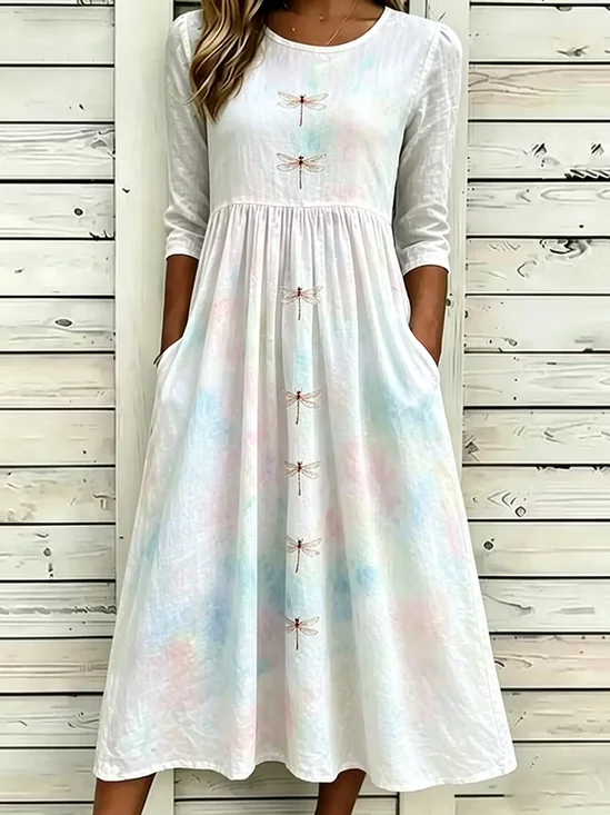 Damen Libelle Halbarm Rundhals Print Kleid Täglich Lässig Maxikleid H-Linie Sommer Kleid