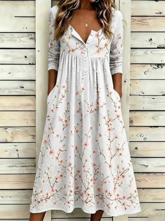 Damen Geblümt Halbarm Halb offener Kragen Kleid Urlaub Retro Maxikleid A-Linien Sommer Kleid
