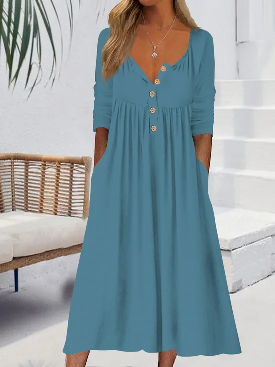 Damen Unifarben Halbarm Halb offener Kragen Kleid Urlaub Retro Maxikleid A-Linien Sommer Kleid