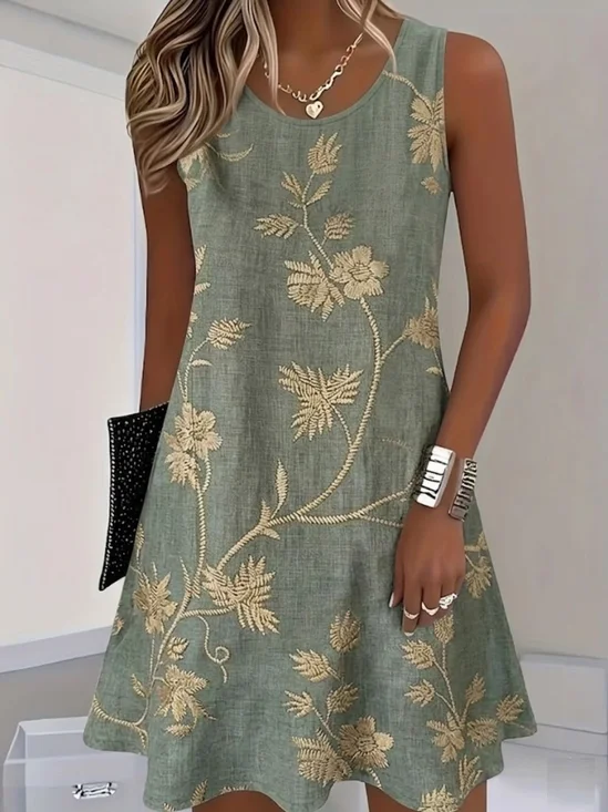 Damen Geblümt Ärmellos Halb offener Kragen Kleid Täglich Lässig Midi Passen & Flare Kleid A-Linien Sommer Kleid