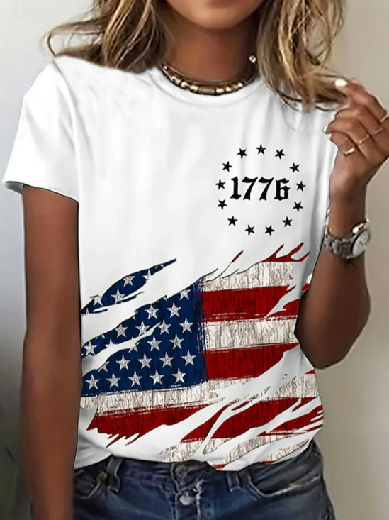 Damen Tag der Unabhängigkeit (Flagge) Kurzarm T-Shirts T-Shirt Rundhals Print Lässig T-Shirt mit Grafik Sommer Oberteile