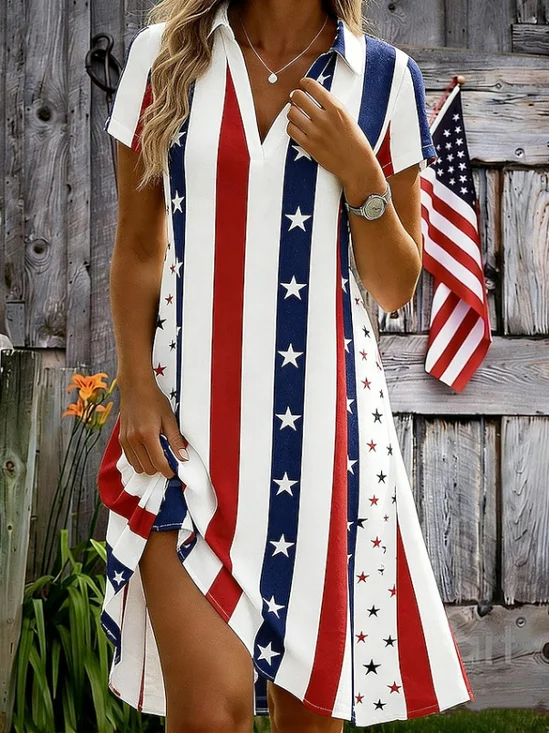 Damen Tag der Unabhängigkeit (Flagge) Kurzarm Schalkragen Print Kleid Täglich Lässig Knielänge A-Linien Sommer Kleid