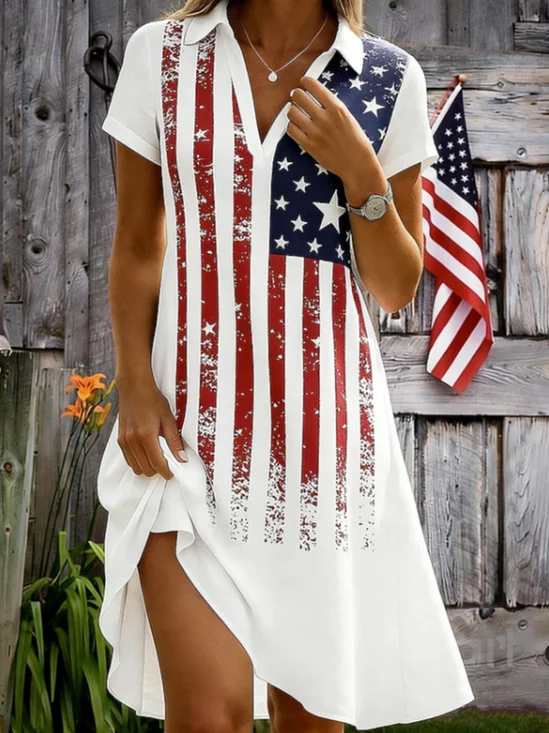 Damen Tag der Unabhängigkeit (Flagge) Kurzarm Schalkragen Print Kleid Täglich Lässig Knielänge A-Linien Sommer Kleid