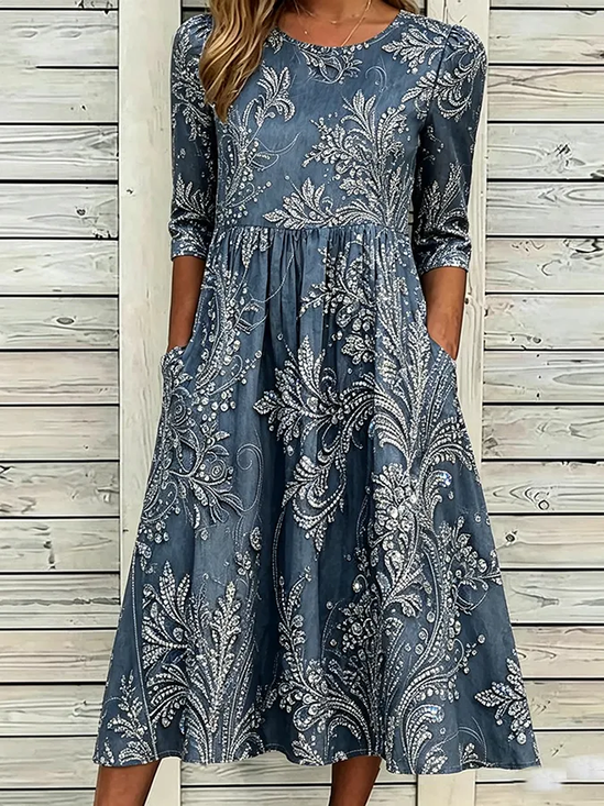 Damen Geblümt Halbarm Rundhals Print Kleid Täglich Lässig Maxikleid H-Linie Sommer Kleid