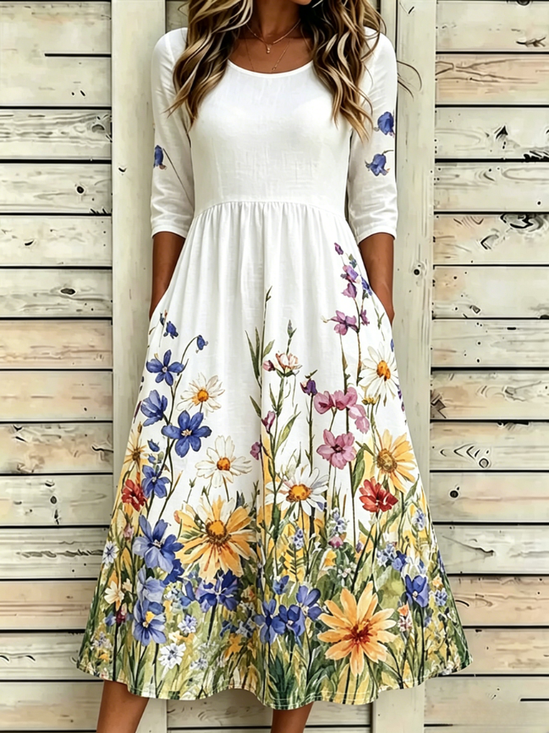Damen Geblümt Halbarm Rundhals Kleid Täglich Retro Maxikleid A-Linien Sommer Kleid