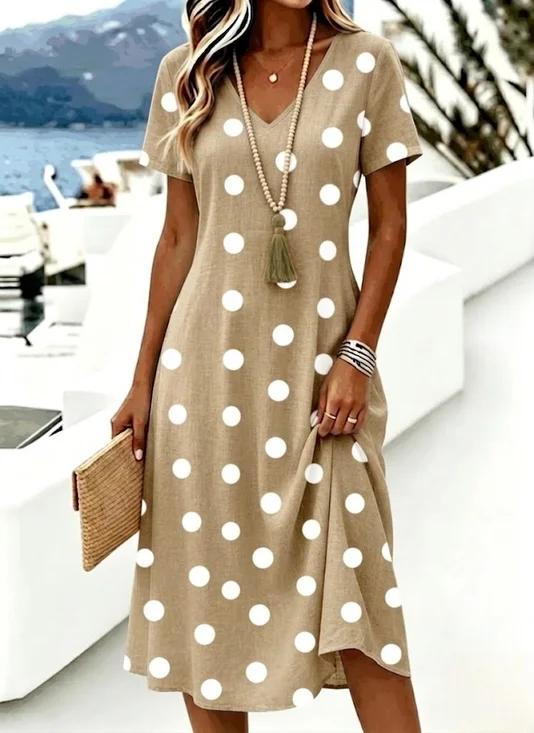 Damen Polka Dots Kurzarm V-Ausschnitt Kleid Täglich Lässig Midi A-Linien Sommer Kleid
