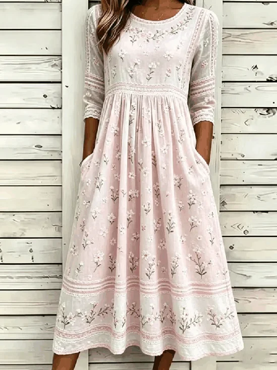 Damen 3d Drucken Halbarm Rundhals Kleid Täglich Retro Midi A-Linien Sommer Kleid