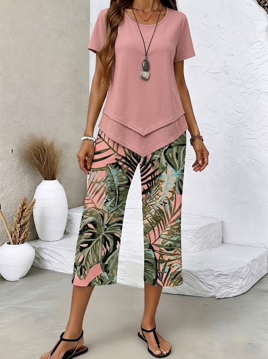 Damen Pflanzen Print Zweiteiliges Set Täglich Kurzarm Lässig Sommer Bluse mit Hose Matching Set