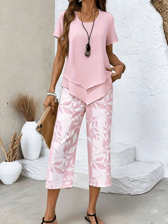 Damen Geblümt Print Zweiteiliges Set Täglich Kurzarm Lässig Sommer Bluse mit Hose Matching Set