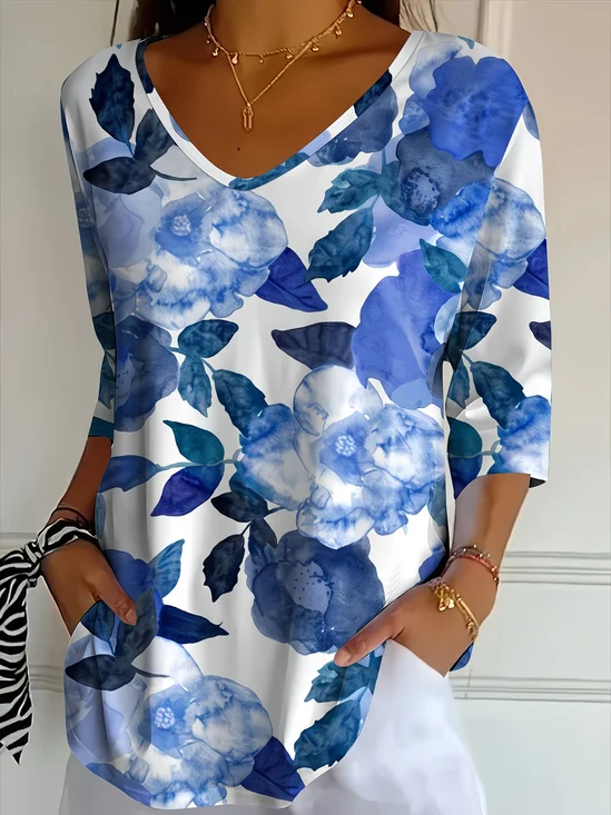 Damen Geblümt Dreiviertelärmel T-Shirts T-Shirt V-Ausschnitt Print Lässig T-Shirt mit Grafik Frühling/Herbst Oberteile
