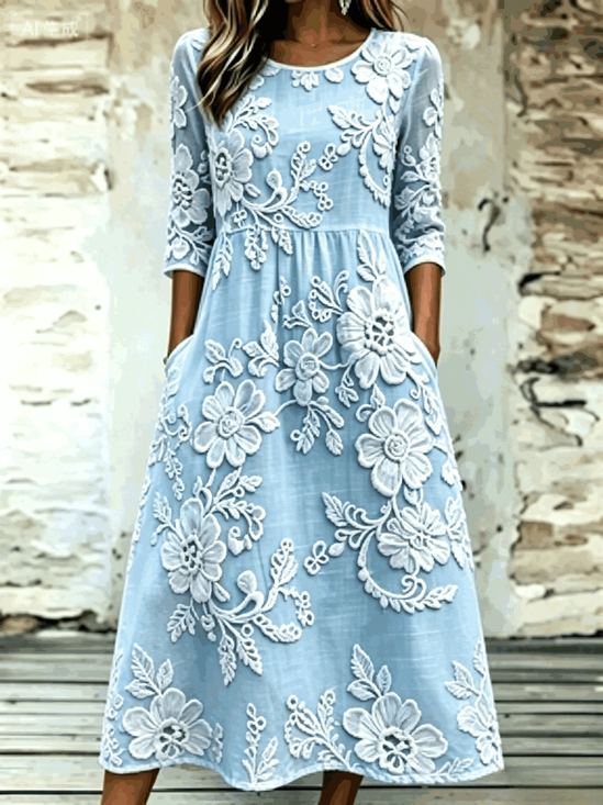 Damen Geblümt Halbarm Rundhals Kleid Täglich Retro Maxikleid A-Linien Sommer Kleid