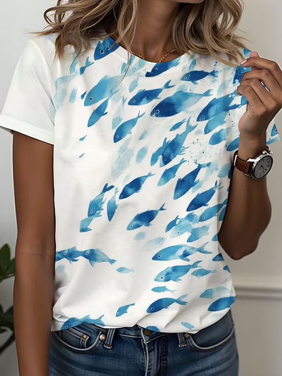 Damen Fisch Kurzarm T-Shirts T-Shirt Rundhals Print Lässig T-Shirt mit Grafik Sommer Oberteile