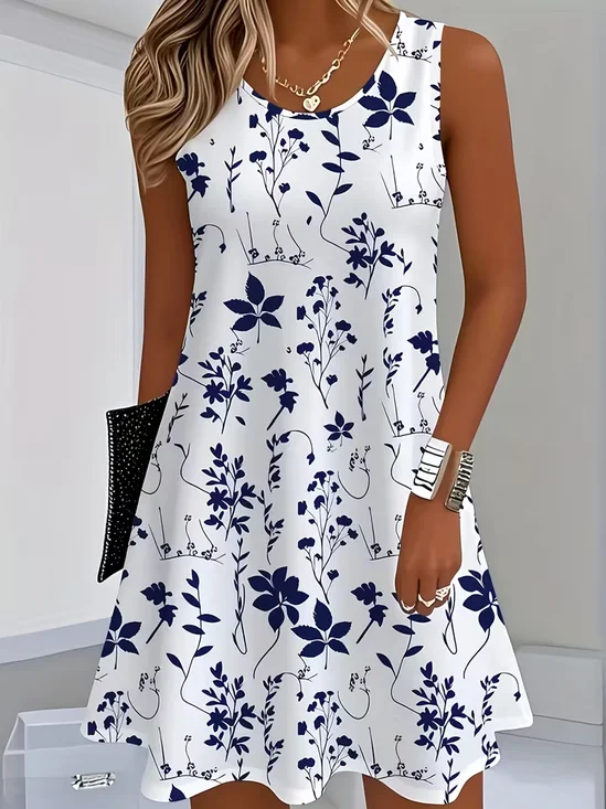 Damen Geblümt Ärmellos Rundhals Print Kleid Täglich Lässig Midi Tanktop A-Linien Sommer Kleid