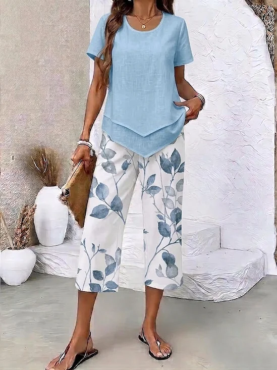 Damen Geblümt Print Zweiteiliges Set Täglich Kurzarm Lässig Sommer Bluse mit Hose Matching Set
