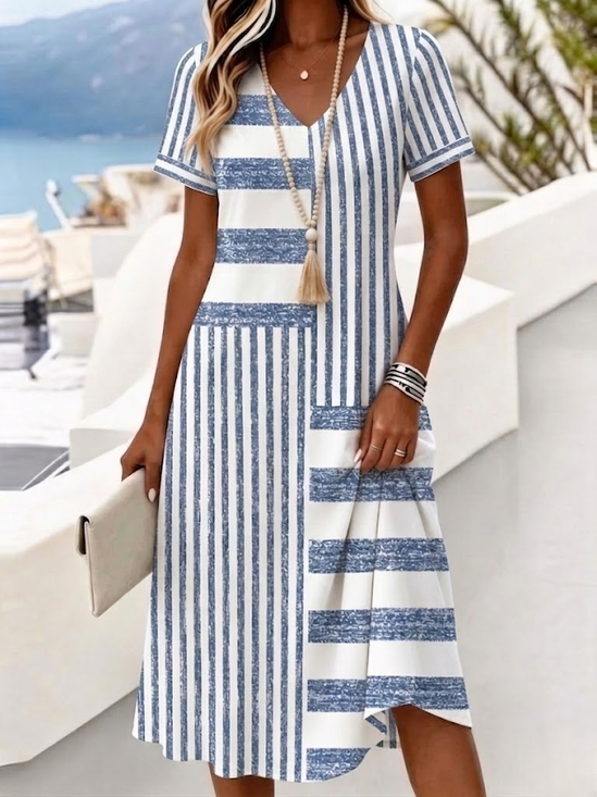 Damen Gestreift Kurzarm V-Ausschnitt Kleid Täglich Lässig Midi A-Linien Sommer Kleid