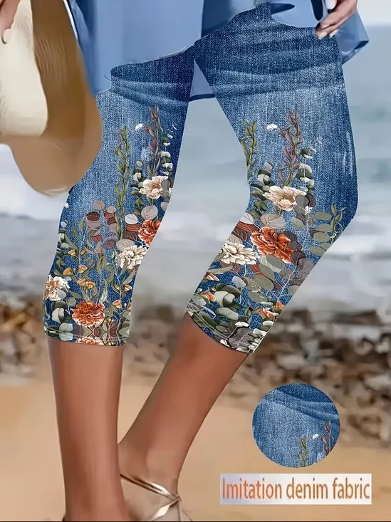 Damen Geblümt Caprihosen Elastische Taille Hose Lässig Sommer Hose