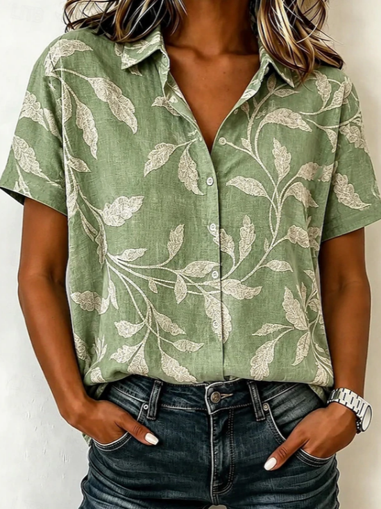 Damen Blätter Hemdkragen Kurzarm Bluse Print Lässig Täglich Sommer Oberteile