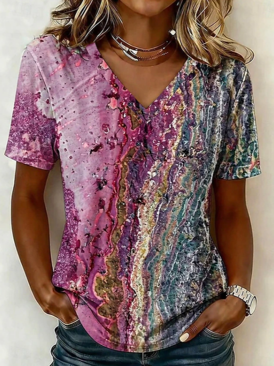 Damen Abstrakt Kurzarm T-Shirts T-Shirt V-Ausschnitt Print Retro Sommer Oberteile