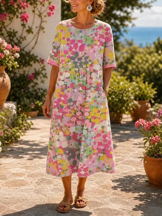 Damen Abstrakte Tupfen Halbarm Rundhals Kleid Täglich Lässig Maxikleid T-Shirt-Kleid A-Linien Sommer Kleid